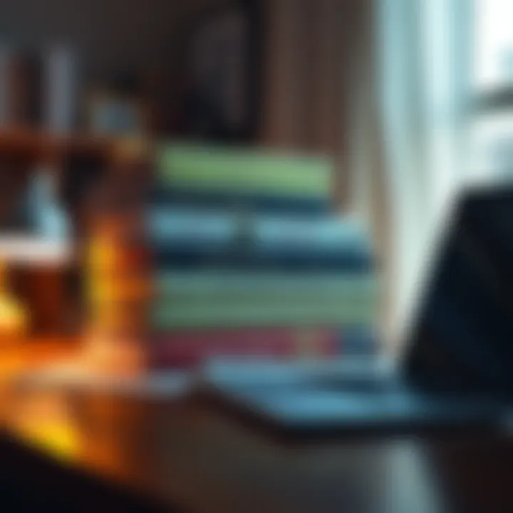 Books on Bitcoin A stack of books about Bitcoin and cryptocurrency with a laptop on a desk