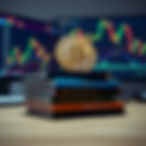A stack of books about Bitcoin, with a computer and charts in the background