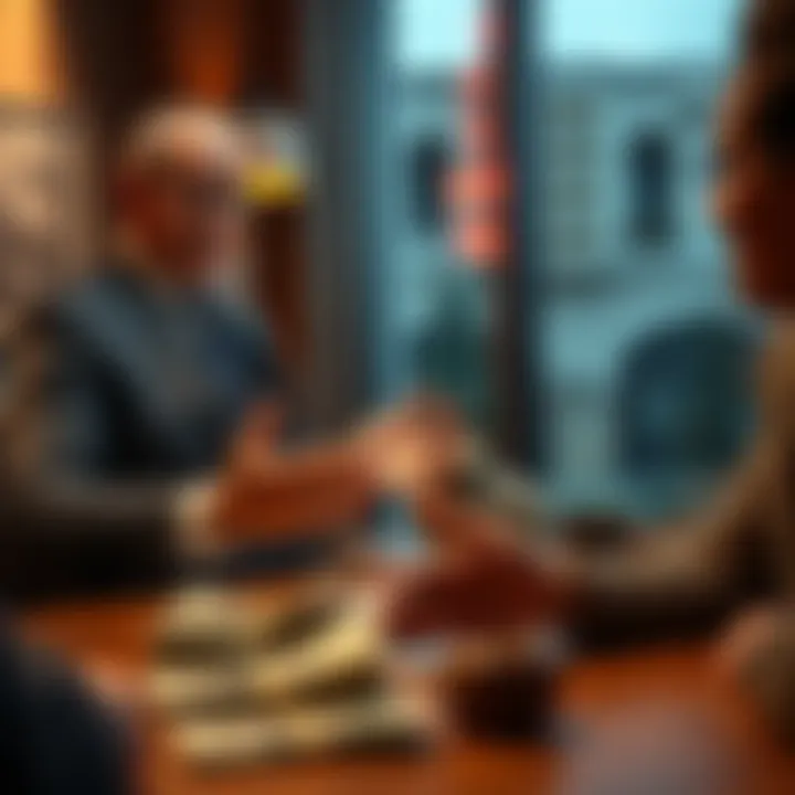 A middle-aged man in a suit talks about tangible assets like houses while a younger person listens, with cash on the table between them