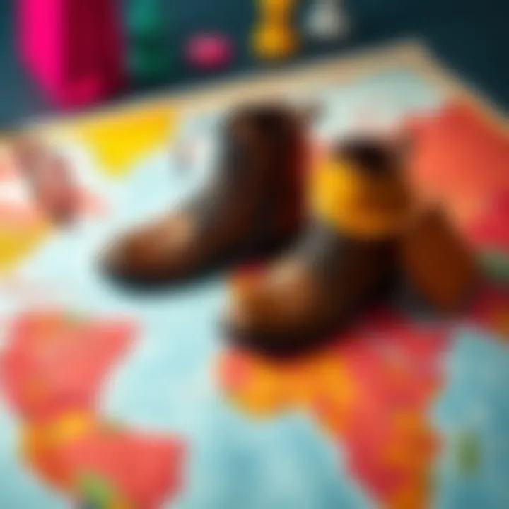 A single pair of fashionable boots resting on a colorful travel map, symbolizing adventures and shopping passion