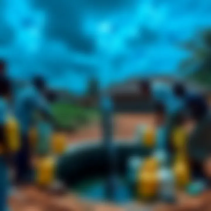 A community borehole in Fawoade, Ghana, providing clean water to residents, with people filling their containers.