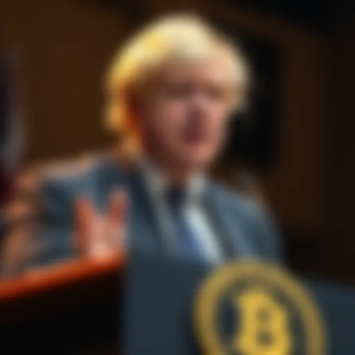 Boris Johnson, former UK Prime Minister, discussing Bitcoin while standing at a podium with a serious expression