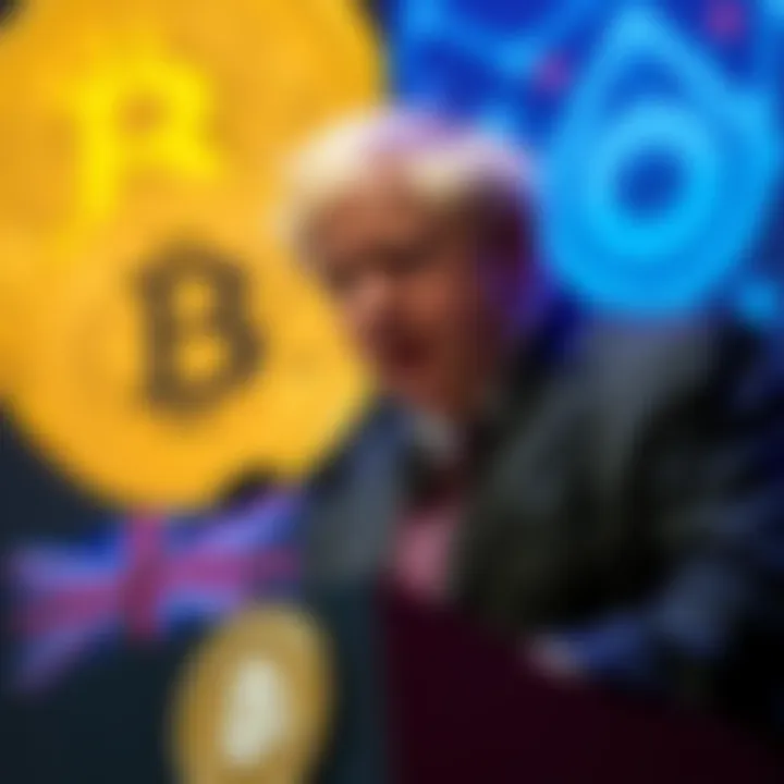 Former UK Prime Minister Boris Johnson at a podium discussing Bitcoin, expressing concerns about its legitimacy