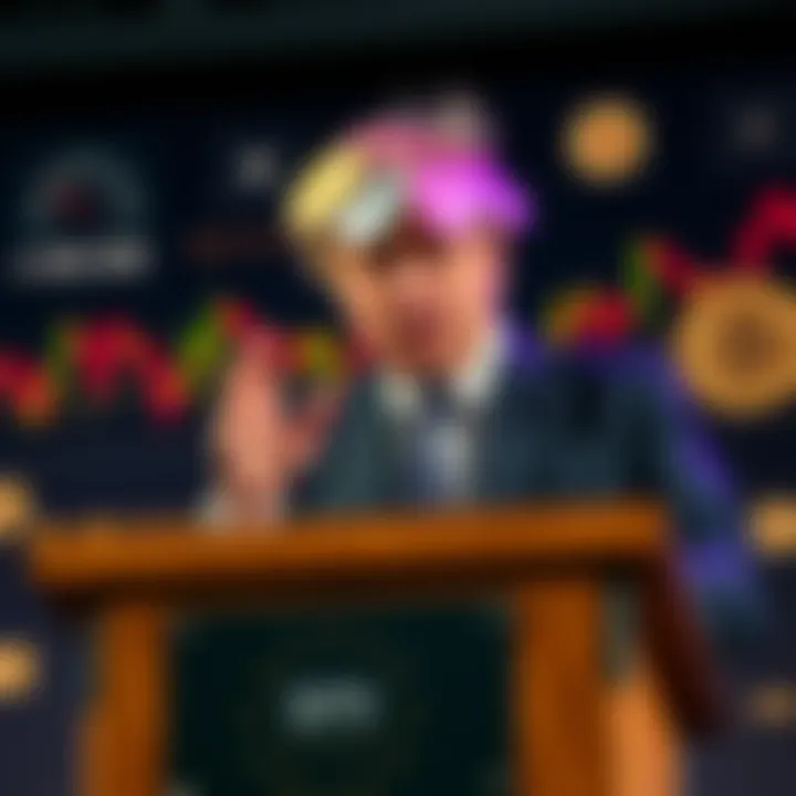 Boris Johnson Discussing Bitcoin Former Prime Minister Boris Johnson speaking at a podium, expressing his views on Bitcoin and collectibles, with a backdrop of financial charts and economic symbols