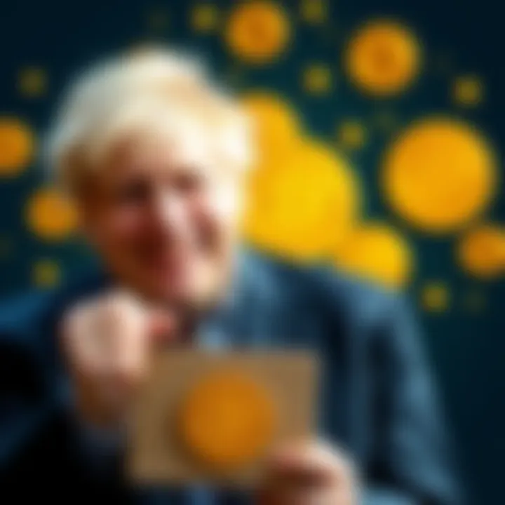 Boris Johnson smiling while holding a cardboard collectible, with Bitcoin symbols in the background