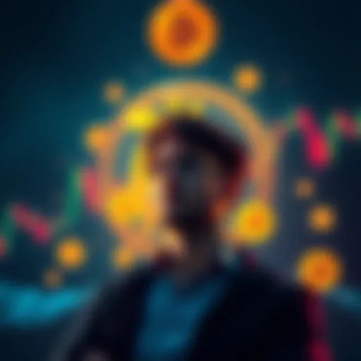 A person contemplating a loan with Bitcoin symbols and market charts around them, showing a bear market backdrop.