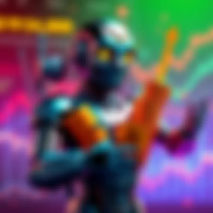 A digital representation of a trading bot celebrating a massive profit gain on the Solana blockchain, showing coins and a rising graph.