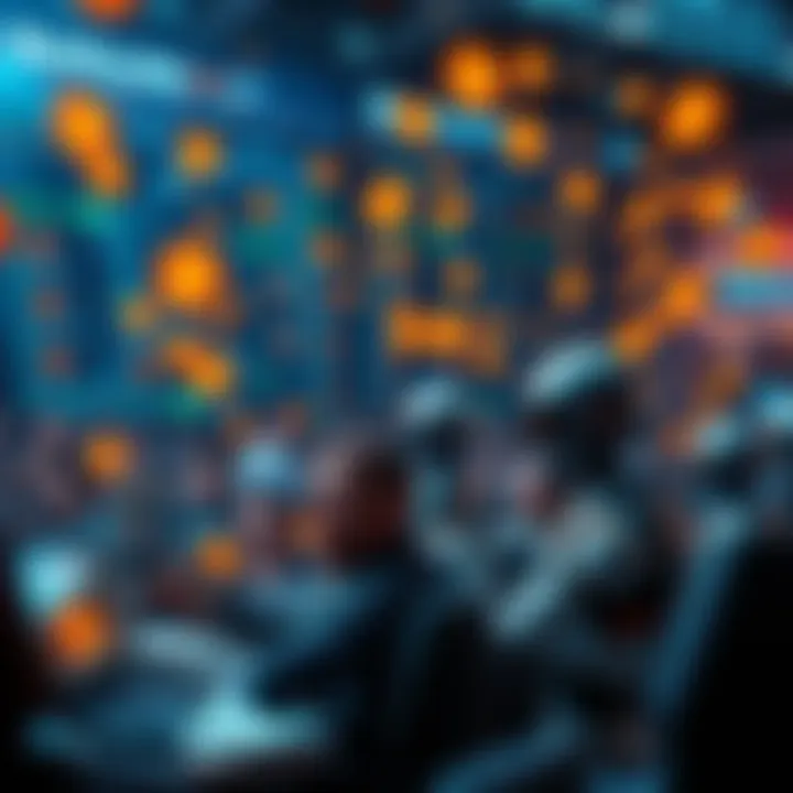 A chaotic online forum scene with multiple Bitcoin bots overwhelming discussions, reflecting user frustration.