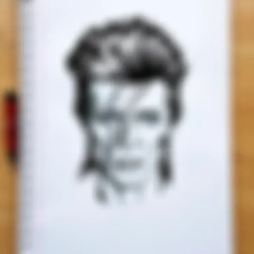 A detailed black and white doodle of David Bowie with striking features and an expressive look, sketched on a classroom notepad.