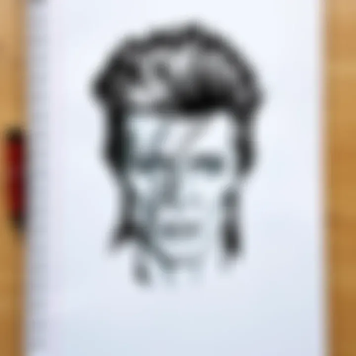 A detailed black and white doodle of David Bowie with striking features and an expressive look, sketched on a classroom notepad.