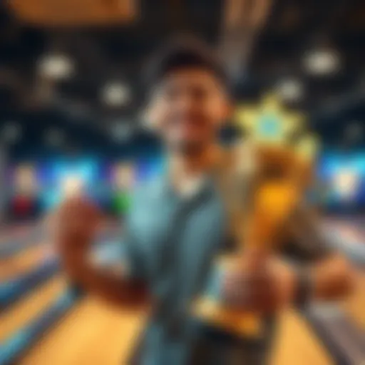 A joyful bowler posing with a trophy after finishing 929th in a tournament, showing a mix of pride and humor.