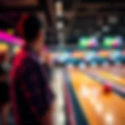 A bowler stands at the lane, concentrating intently as they prepare to roll the ball down the alley, while other players cheer nearby.