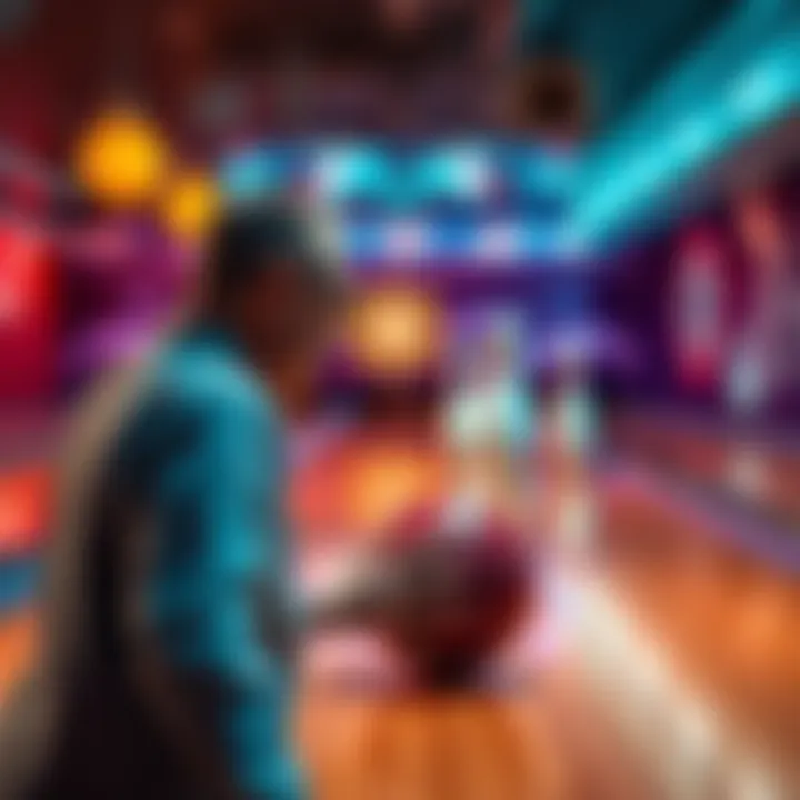 A player focusing on their stance while preparing to bowl in a vibrant bowling minigame setting, with pins and a bowling ball in view.