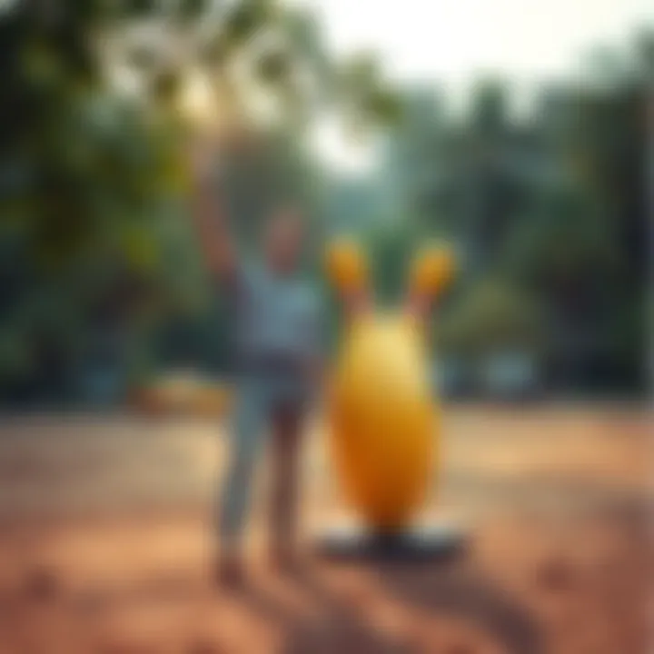 A surprised land buyer standing next to a colorful bowling statue in an empty plot of land.
