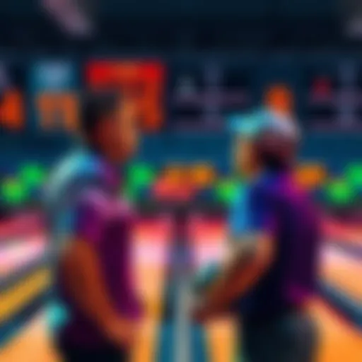 Two bowling players looking at a scoreboard with tied scores, discussing winner determination process.