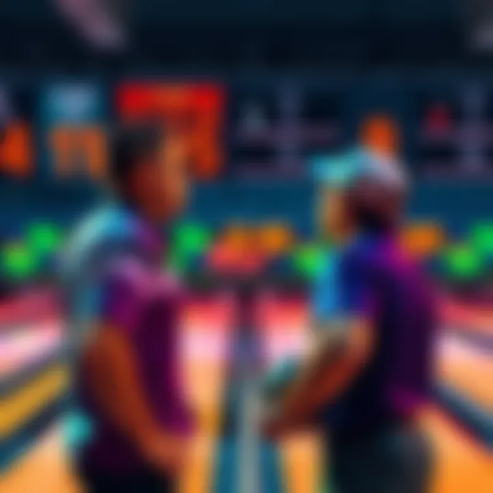 Two bowling players looking at a scoreboard with tied scores, discussing winner determination process.