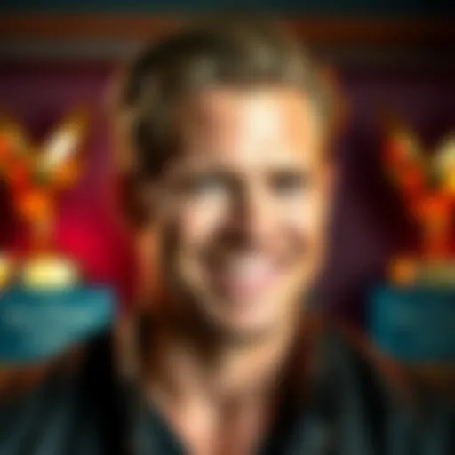 A portrait of Brad smiling confidently, showcasing his rise to fame with awards in the background.