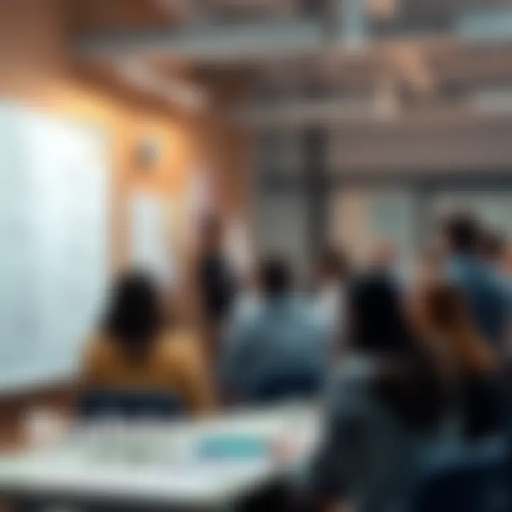 A group of people engaged in a brainstorming session, discussing ideas and taking notes on a whiteboard.
