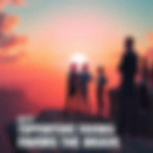 Brave Individuals Seizing Opportunities A group of confident people standing on a cliff, looking out at a vibrant sunrise, symbolizing new opportunities and bold actions.