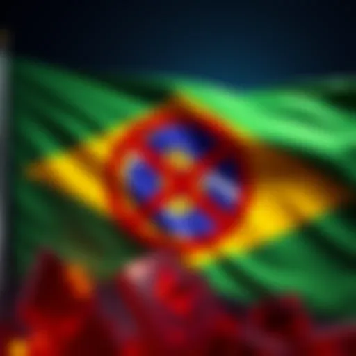 Brazilian flag with various cryptocurrency symbols like Bitcoin and Ethereum crossed out, representing the ban on crypto payments.