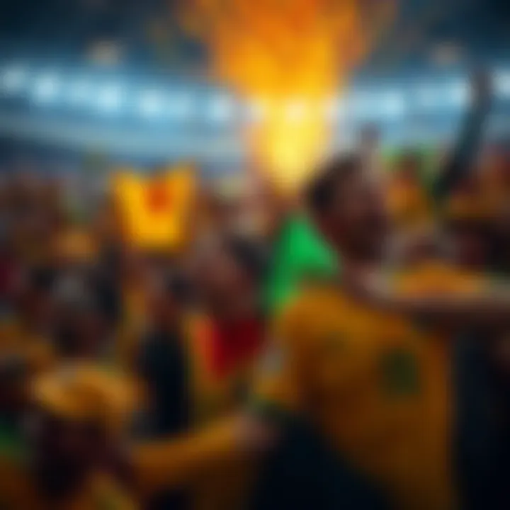 A diverse crowd of football fans cheering for Brazil and Morocco during the FIFA World Cup 2026