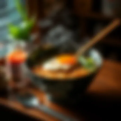 A steaming bowl of ramen served with an egg and green onions at a cozy breakfast spot