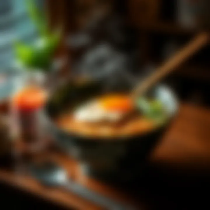 A steaming bowl of ramen served with an egg and green onions at a cozy breakfast spot