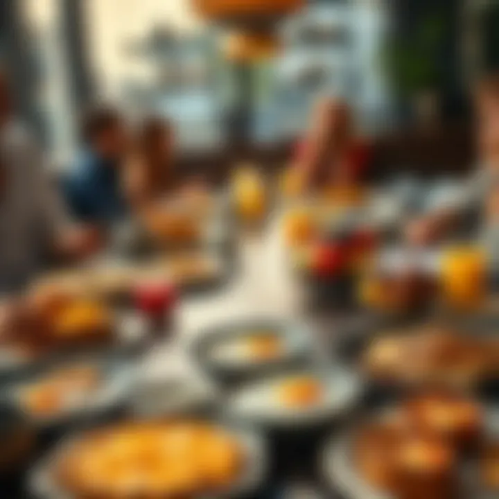 A variety of breakfast foods including eggs, pastries, and fruits on a table, with people chatting about the halving spiral concept