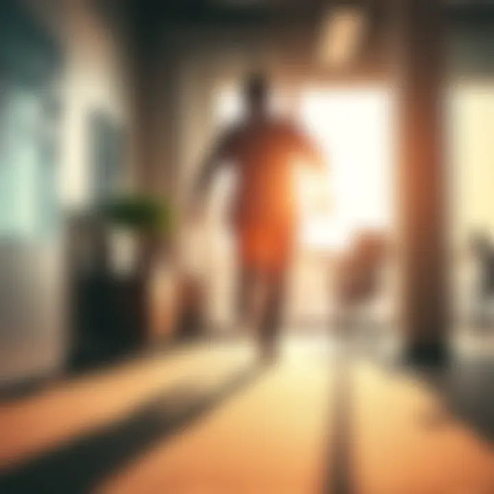 A person stepping out of a dull office setting into a bright outdoor scene, symbolizing a fresh start away from routine.