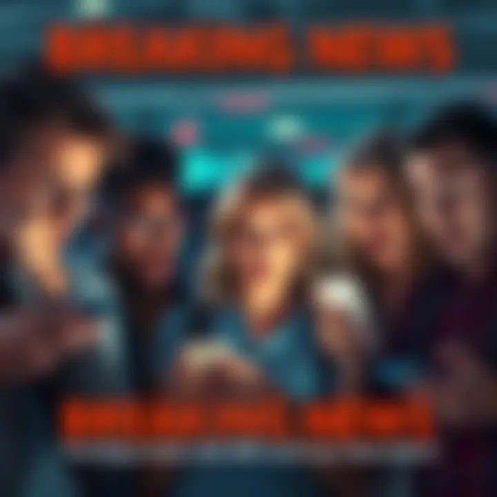 A group of shocked people reading news on their phones, showing disbelief and excitement.