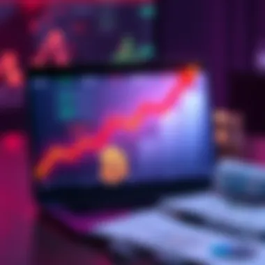 A chart showing rising cryptocurrency tokens with arrows indicating growth, along with a laptop and financial reports on the side.