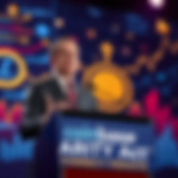 Coinbase CEO Brian Armstrong speaking at a podium about the CLARITY Act, with a backdrop of cryptocurrency graphics