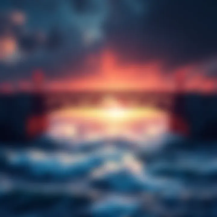 Bridge over a turbulent waterway A digital representation of a bridge connecting two shores, symbolizing the challenge of transferring funds between different blockchains.