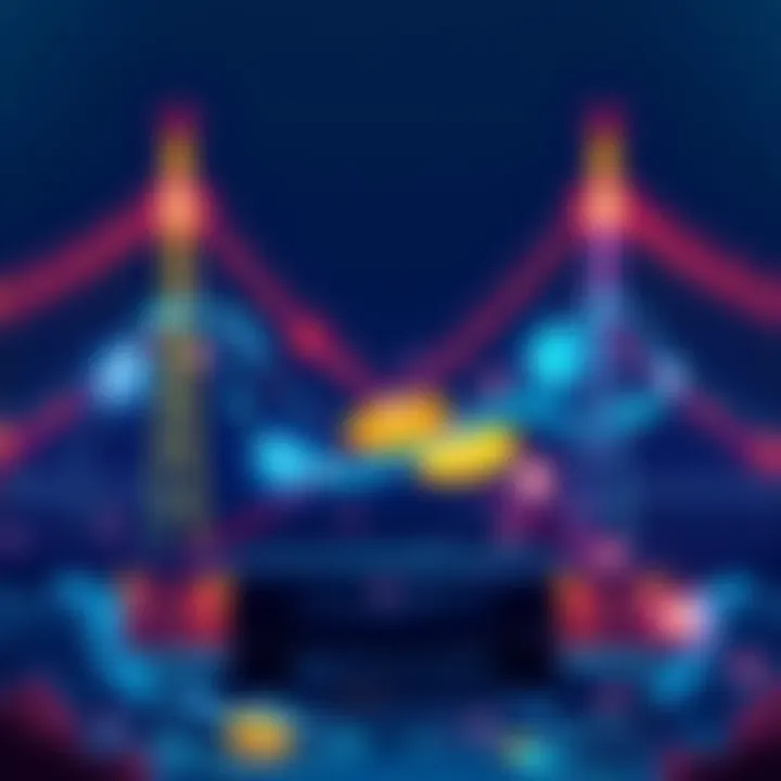 Bridges for USDC Transfers Illustration showing digital bridges connecting Solana and Ethereum, with USDC coins transferring across them
