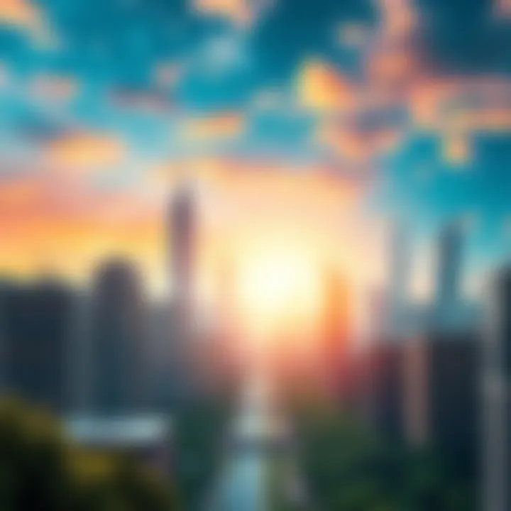 A vibrant city skyline with advanced technology and green spaces, symbolizing innovation and sustainability in 2025.