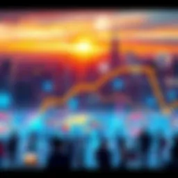 A vibrant city skyline with people engaging in innovative activities and technologies, symbolizing growth in 2025.