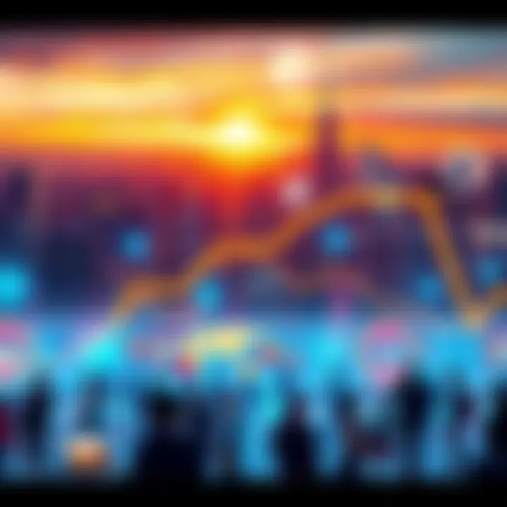A vibrant city skyline with people engaging in innovative activities and technologies, symbolizing growth in 2025.