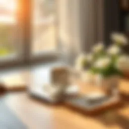 A sunny morning with a cup of coffee on a table beside a blooming plant and a notebook.