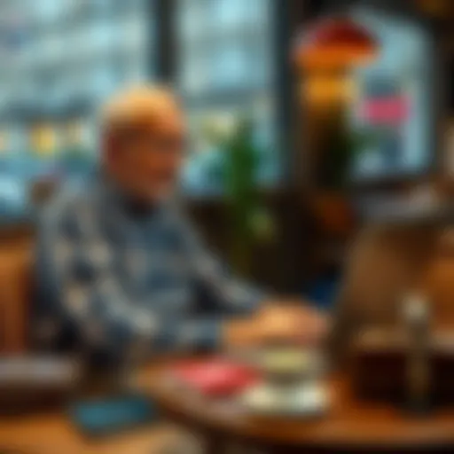 A retired Brit sitting at a cafe with a laptop, looking at his Revolut account while traveling abroad, surrounded by travel essentials like a passport and coffee.