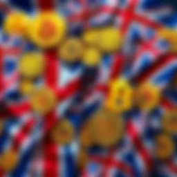 A collage of British flags intertwined with Bitcoin symbols, suggesting a connection between the UK and cryptocurrency
