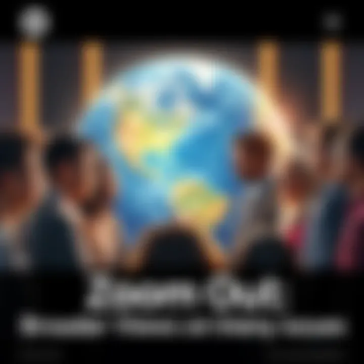 A group of diverse people discussing issues with a globe in the background, symbolizing the need for wider viewpoints on today's key topics.