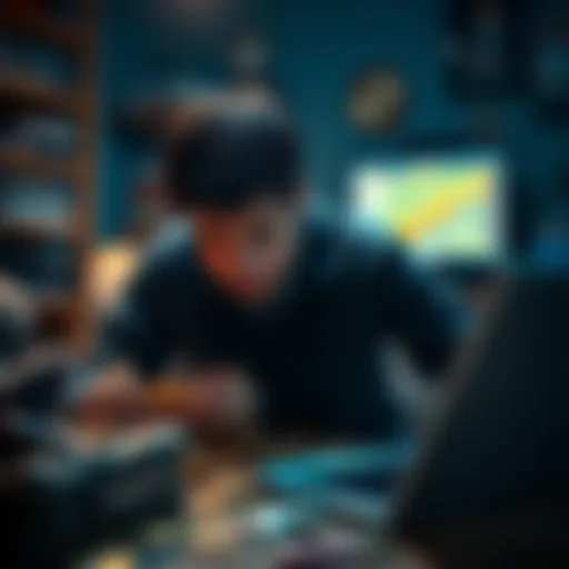 A man looks through his deceased brother's belongings, searching for hidden digital coins on a laptop and phone.