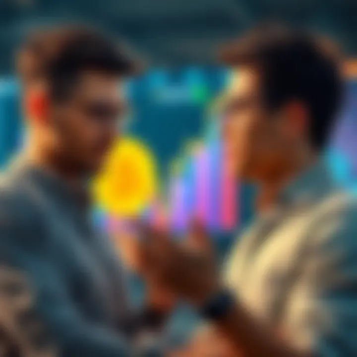 An older brother confidently discussing Bitcoin investment with his younger brother, visualizing a bullish trend with a graph in the background.