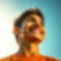 A young man with a big smile looking towards the sky, symbolizing hope and optimism, surrounded by a sunny background with vibrant colors.