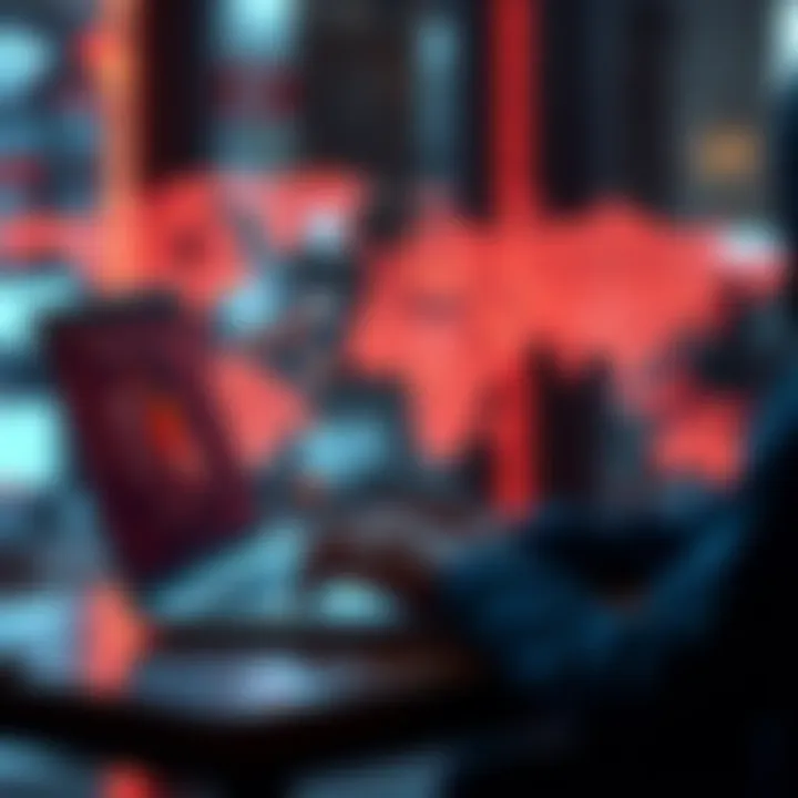 A person using a laptop to access the IPFS network, with a global map showing interconnected nodes.