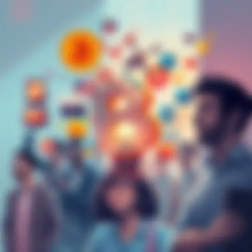 An abstract representation of BS with various icons and symbols showing its influence in different areas like technology and communication. People are reacting with mixed expressions in the background...