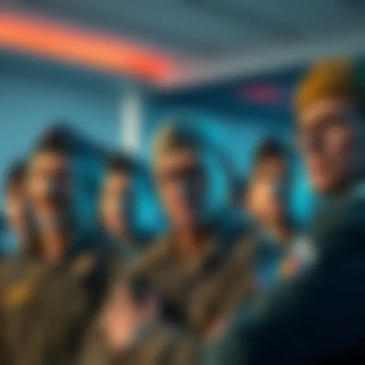 A group of concerned BSV veterans discussing their uncertain future, showing worry and frustration on their faces.