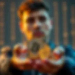 Bitcoin and Ethereum coins exchange A person contemplating the exchange of Bitcoin for Ethereum with cryptocurrency coins in hand