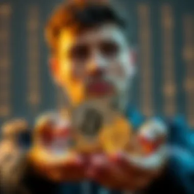 Bitcoin and Ethereum coins exchange A person contemplating the exchange of Bitcoin for Ethereum with cryptocurrency coins in hand
