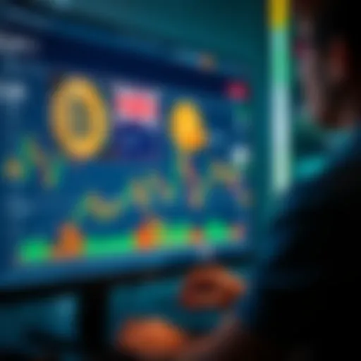 A person analyzing Bitcoin and Australian Dollar exchange rates on a computer screen, displaying charts and figures.